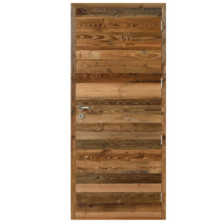 Porte Tivano en vieux bois massif. Huisserie bois, âme pleine, finitions inox ou option noire. Garantie 30 ans.