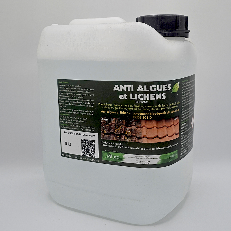 traitement anti algues et lichens natura bidon vue face produit nettoyage toiture et façade extérieur